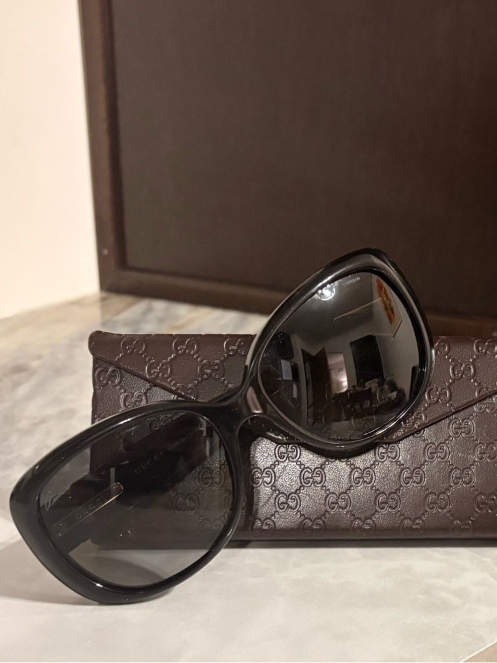 Gucci Black Oversized Women's Sunglasses with Brown Signature Case